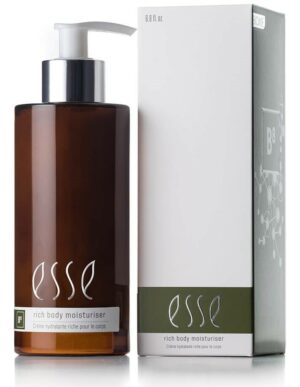 A 200ml bottle of Esse Rich Body Moisturiser displayed alongside its packaging. The amber bottle features a white pump dispenser and is labeled "esse B8." The white box has green accents and text that corresponds with the label on the bottle.