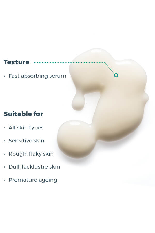 Image showing a white, creamy serum texture with text. Left side lists:
- Texture: Fast absorbing serum.
- Suitable for: All skin types, Sensitive skin, Rough, flaky skin, Dull, lacklustre skin, Premature ageing.
The product displayed is Esse Pro-Sun D Serum against a white background.