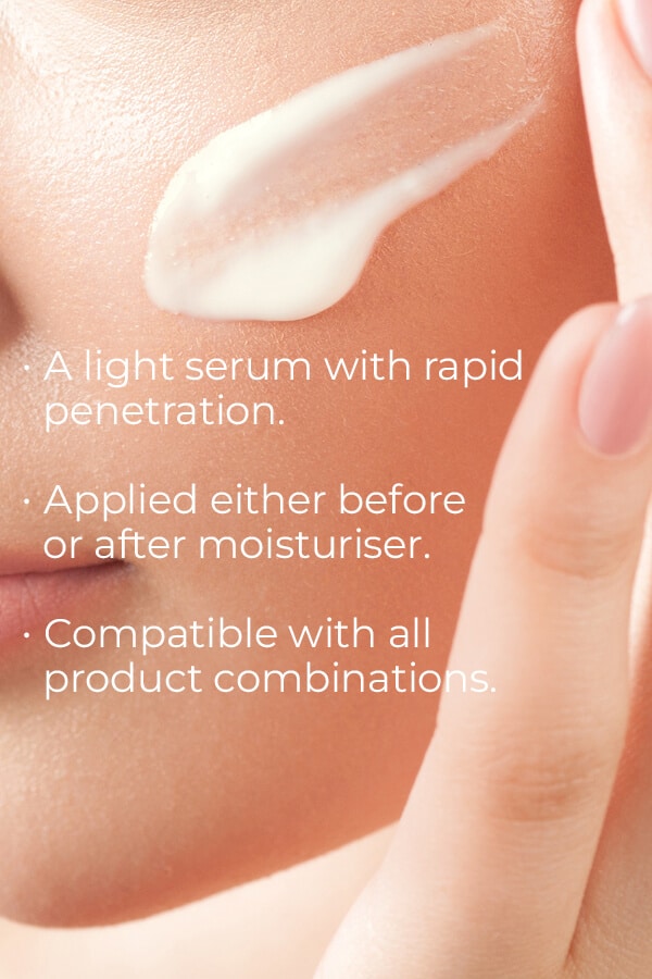 A close-up of a hand applying Esse Pro-Sun D Serum to the side of a person's face. Text on image reads: "Esse Pro-Sun D Serum: A light serum with rapid penetration. Apply either before or after moisturizer. Compatible with all product combinations.