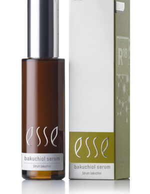 A brown bottle with a silver cap labeled Esse Bakuchiol Serum stands next to a matching box with similar branding. The box also features a green section with a molecular graphic and text indicating the product is 1.01 fl oz.
