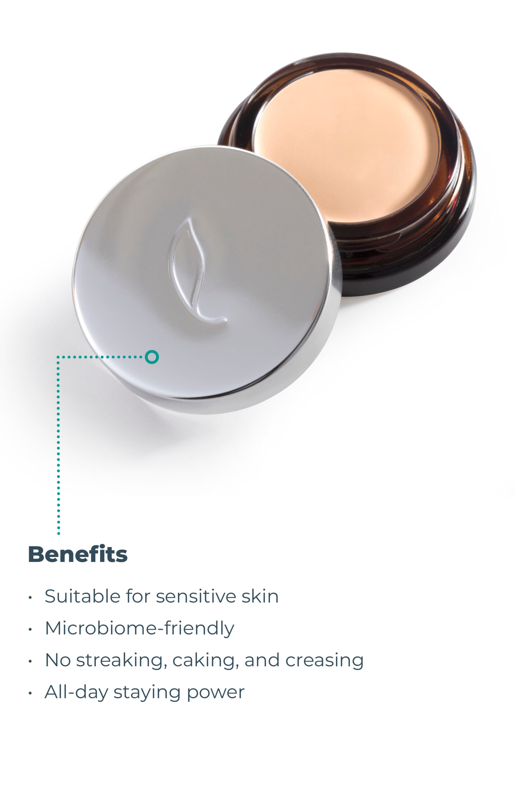 An open container of Esse Concealer with a silver lid placed beside it. The lid features a leaf-like design etched on top. Below the container, the text highlights benefits: Suitable for sensitive skin, Microbiome-friendly, No streaking, caking, and creasing, All-day staying power.